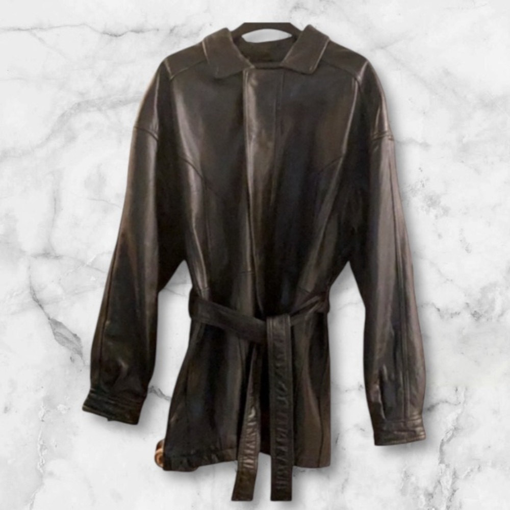 Vtg 90s G-III Global Identity Heavy Leather Belted Trench Coat Jacket Men's L